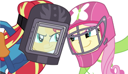 Size: 3113x1801 | Tagged: safe, artist:sketchmcreations, imported from derpibooru, fluttershy, sunset shimmer, equestria girls, friendship games, hockey, simple background, smiling, sunset welder, transparent background, vector, welding mask