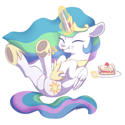 Size: 837x832 | Tagged: safe, artist:sion, imported from derpibooru, princess celestia, pony, cake, cakelestia, cute, cutelestia, female, food, happy, magic, solo, telekinesis