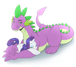 Size: 1077x950 | Tagged: safe, artist:peridotkitty, artist:silkensaddle, imported from derpibooru, rarity, spike, female, male, older, older spike, shipping, size difference, sleeping, sparity, straight