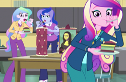 Size: 593x389 | Tagged: safe, imported from derpibooru, screencap, princess cadance, princess celestia, princess luna, acadeca, equestria girls, friendship games, cake, cakelestia, caught, dean cadance, eating, food, looking at you, mona lisa, plate, principal celestia, shocked, spoon, trio, vice principal luna