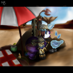 Size: 2149x2166 | Tagged: safe, artist:sylphan, imported from derpibooru, rarity, pony, unicorn, armor, diablos, female, magic, mare, monster hunter, parody, picnic blanket, solo, umbrella