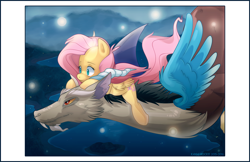 Size: 1000x647 | Tagged: safe, artist:zombie, imported from derpibooru, discord, fluttershy, draconequus, pony, cloud, crossover, discoshy, female, flying, lying down, male, on back, selling, shipping, snow, spirited away, straight