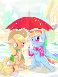 Size: 1200x1600 | Tagged: safe, artist:phoenixperegrine, imported from derpibooru, applejack, rainbow dash, earth pony, pegasus, pony, appledash, blushing, breath, chibi, clothes, cold, female, lesbian, scarf, shipping, snow, snowfall, umbrella, winter