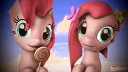 Size: 3840x2160 | Tagged: safe, artist:funsketch, imported from derpibooru, pinkie pie, 3d, bow, candy, cute, cuteamena, diapinkes, duality, flower, food, hair bow, licking, lollipop, looking at you, pinkamena diane pie, sky, smiling, source filmmaker, tongue out