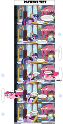 Size: 3072x6061 | Tagged: safe, artist:j-bronyind, imported from derpibooru, pinkie pie, princess celestia, twilight sparkle, earth pony, pony, unicorn, angry, chocolate, chocolate milk, comic, everything is ruined, female, floppy ears, food, fourth wall, frown, glare, gritted teeth, grumpy, mare, meme, milk, offscreen character, open mouth, out of character, portal, raised eyebrow, smiling, spilled milk, unamused, unicorn twilight, wide eyes, yelling