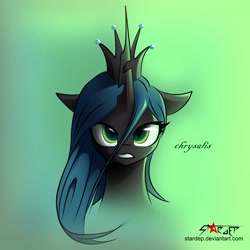 Size: 4000x4000 | Tagged: safe, artist:stardep, imported from derpibooru, queen chrysalis, changeling, changeling queen, bust, crown, female, gradient background, jewelry, looking at you, portrait, regalia, solo