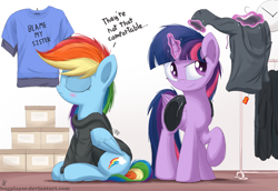 Size: 2900x2000 | Tagged: safe, artist:bugplayer, imported from derpibooru, rainbow dash, twilight sparkle, alicorn, pony, blame my sister, blatant lies, bugplayer is trying to murder us, clothes, cute, dashabetes, duo, eyes closed, female, hoodie, horn, i can't believe it's not ncmares, levitation, magic, magic shirt, mare, raised hoof, signature, sitting, telekinesis, twiabetes, twilight sparkle (alicorn)