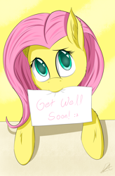 Size: 1800x2750 | Tagged: safe, artist:smowu, artist:syntaxartz, imported from derpibooru, fluttershy, female, get well soon, mouth hold, sign, solo