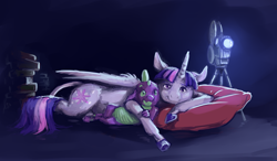 Size: 4000x2335 | Tagged: safe, artist:cuttledreams, imported from derpibooru, spike, twilight sparkle, alicorn, classical unicorn, pony, cuddling, female, film projector, leonine tail, mare, movie night, pillow, prone, snuggling, spikelove, twilight sparkle (alicorn)