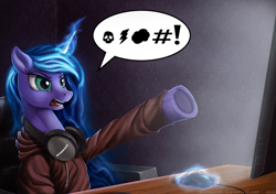 Size: 1279x900 | Tagged: safe, artist:bra1neater, imported from derpibooru, princess luna, gamer luna, censored vulgarity, clothes, computer, female, grawlixes, headphones, hoodie, magic, solo, swearing, telekinesis, underhoof