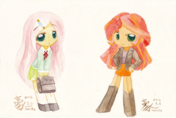 Size: 1632x1096 | Tagged: safe, artist:howxu, imported from derpibooru, fluttershy, sunset shimmer, human, chibi, duo, humanized, traditional art, watercolor painting