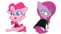 Size: 1800x1000 | Tagged: safe, artist:geraritydevillefort, imported from derpibooru, pinkie pie, clothes, dr jekyll and mr hyde, dr pinkie and miss pie, duality, full body, looking back, looking up, pinkamena diane pie, simple background, sitting, standing, transparent background, y pose