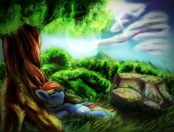 Size: 2100x1600 | Tagged: safe, artist:ferasor, imported from derpibooru, rainbow dash, cloud, eyes closed, female, fluffy, forest, lens flare, on back, relaxing, solo, tree