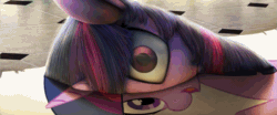 Size: 1261x524 | Tagged: safe, artist:chryseum, artist:equum_amici, imported from derpibooru, twilight sparkle, pony, unicorn, animated, cinemagraph, eye shimmer, female, fourth wall, looking at you, mare, mind screw, nightmare fuel, on side, open mouth, realistic, side, smiling, solo, surreal, uncanny valley, unicorn twilight, what has magic done, wide eyes