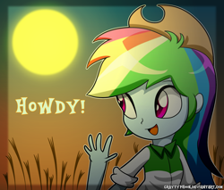 Size: 2000x1700 | Tagged: safe, artist:graytyphoon, imported from derpibooru, applejack, rainbow dash, equestria girls, ashleigh ball, clothes, clothes swap, cowboy hat, female, hat, howdy, open mouth, signature, solo, stetson, sun, voice actor joke