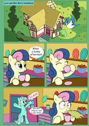 Size: 2480x3508 | Tagged: safe, artist:theponypretender, imported from derpibooru, bon bon, lyra heartstrings, sweetie drops, bird, earth pony, pony, unicorn, comic:a lyrabon adventure, apple, bipedal, comic, food, house, scared, spit take, tea