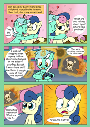 Size: 2893x4092 | Tagged: safe, artist:theponypretender, imported from derpibooru, bon bon, lyra heartstrings, sweetie drops, comic:a lyrabon adventure, bomb, comic, female, gun, hat, heart, lesbian, lyrabon, pirate hat, shipping, sword, weapon