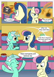 Size: 2893x4092 | Tagged: safe, artist:theponypretender, imported from derpibooru, bon bon, lyra heartstrings, sweetie drops, comic:a lyrabon adventure, apple, bomb, comic, food, gun, hat, pirate hat, sword, weapon