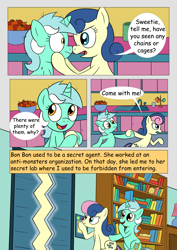 Size: 2893x4092 | Tagged: safe, artist:theponypretender, imported from derpibooru, bon bon, lyra heartstrings, sweetie drops, comic:a lyrabon adventure, apple, book, comic, food, laboratory, secret agent sweetie drops