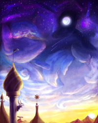 Size: 1024x1280 | Tagged: safe, artist:jadedjynx, imported from derpibooru, nightmare moon, princess celestia, princess luna, canterlot, cloud, filly, lunar trinity, mare in the moon, moon, mountain, s1 luna, shooting star, sky, stars, sun, sunrise, woona