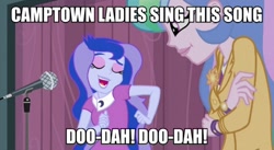 Size: 823x450 | Tagged: safe, imported from derpibooru, screencap, princess celestia, princess luna, equestria girls, friendship games, camptown races, dancing, image macro, meme, open mouth, principal celestia, smiling, song reference, vice principal luna