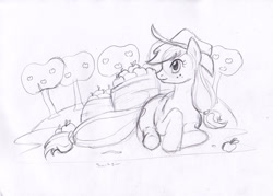 Size: 855x612 | Tagged: safe, artist:trunksi, imported from derpibooru, applejack, apple, apple orchard, female, food, monochrome, orchard, prone, sketch, solo, sweet apple acres