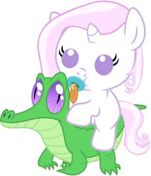 Size: 786x917 | Tagged: safe, artist:red4567, imported from derpibooru, fleur-de-lis, gummy, pony, baby, baby pony, cute, fleur-de-lis riding gummy, fleurabetes, pacifier, ponies riding gators, riding, weapons-grade cute