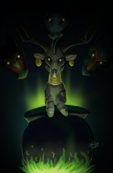 Size: 1265x1937 | Tagged: safe, artist:mayasnou, imported from derpibooru, zecora, zebra, antlers, cauldron, creepy, dark background, female, glow, glowing, mask, skull, solo