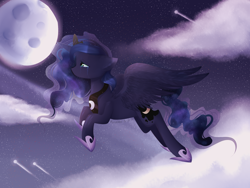 Size: 4000x3000 | Tagged: safe, artist:kurochhi, imported from derpibooru, princess luna, lullaby for a princess, cloud, crying, female, flying, moon, night, shooting stars, sky, solo