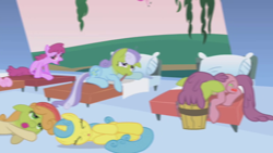 Size: 1280x720 | Tagged: safe, imported from derpibooru, screencap, berry punch, berryshine, blue bows, carrot top, cherry punch, golden harvest, lemon hearts, twinkleshine, earth pony, pony, unicorn, applebuck season, backwards thermometer, bed, female, mare, pillow, thermometer, vomiting