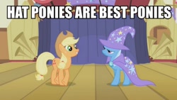 Size: 799x450 | Tagged: safe, imported from derpibooru, screencap, applejack, trixie, pony, unicorn, best pony, female, hat, image macro, mare, meme, trixie's cape, trixie's hat