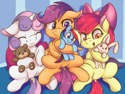 Size: 3000x2250 | Tagged: safe, artist:fearingfun, edit, imported from derpibooru, apple bloom, rainbow dash, scootaloo, sweetie belle, earth pony, pegasus, pony, semi-anthro, unicorn, adorabloom, cute, cutealoo, cutie mark crusaders, diasweetes, eyes closed, female, filly, floppy ears, hoof hold, open mouth, open smile, paw pads, pillow, plushie, rainbow dash plushie, sfw edit, sitting, smiling, spread legs, spreading, teddy bear