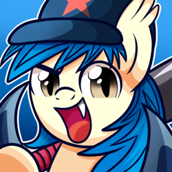 Size: 400x400 | Tagged: safe, artist:xwhitedreamsx, imported from derpibooru, oc, oc only, oc:moonshot, bat pony, pony, baseball bat, baseball cap, cute little fangs, hat, portrait, pun, solo, visual pun