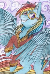 Size: 1568x2333 | Tagged: safe, artist:pony-paint, imported from derpibooru, rainbow dash, aviator glasses, aviator goggles, clothes, female, flying, goggles, jacket, solo, traditional art