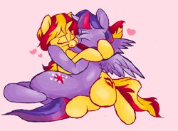 Size: 2232x1640 | Tagged: safe, artist:shellielle, deleted from derpibooru, imported from derpibooru, sunset shimmer, twilight sparkle, alicorn, pony, female, hug, lesbian, mare, shipping, sunsetsparkle, twilight sparkle (alicorn)