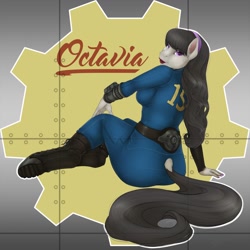 Size: 1280x1280 | Tagged: safe, artist:phathusa, artist:sirhcx, imported from derpibooru, octavia melody, anthro, earth pony, unguligrade anthro, fallout equestria, bedroom eyes, boots, breasts, clothes, colored pupils, dock, ear fluff, fallout, female, hairband, hoof boots, jumpsuit, lipstick, looking at you, looking back, makeup, nose art, pinup, pipboy, pipbuck, pose, sexy, solo, treblebutt, vault suit, wide hips