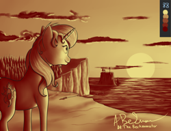 Size: 3310x2542 | Tagged: safe, artist:thebeckmanator, imported from derpibooru, sunset shimmer, pony, unicorn, cliff, female, limited palette, monochrome, ocean, solo, sunset