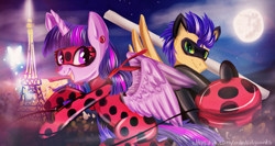 Size: 1887x1003 | Tagged: safe, artist:nataliaokita1, imported from derpibooru, flash sentry, twilight sparkle, equestria girls, chat noir, clothes, costume, crossover, ear piercing, earring, eiffel tower, female, flashlight, jewelry, ladybug (miraculous ladybug), male, mare in the moon, mask, miraculous ladybug, moon, paris, piercing, shipping, straight, twilight sparkle (alicorn), yo-yo