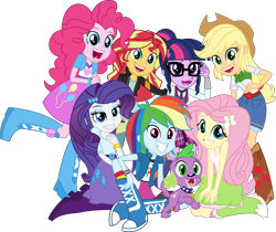 Size: 4471x3758 | Tagged: safe, artist:sketchmcreations, imported from derpibooru, applejack, fluttershy, pinkie pie, rainbow dash, rarity, sci-twi, spike, spike the regular dog, sunset shimmer, twilight sparkle, dog, human, equestria girls, friendship games, absurd resolution, glasses, group photo, group shot, humane five, humane seven, humane six, right there in front of me, simple background, transparent background, vector