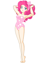 Size: 1288x1808 | Tagged: safe, artist:pumpkinchans, imported from derpibooru, pinkie pie, human, anime, armpits, clothes, female, humanized, legs together, one-piece swimsuit, pinup, simple background, skinny, solo, swimsuit, transparent background