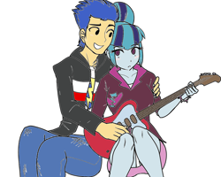 Size: 1280x1024 | Tagged: safe, artist:geistschlauch, artist:rileyav, color edit, edit, imported from derpibooru, flash sentry, sonata dusk, equestria girls, bass guitar, blushing, clothes, colored, cute, female, legs, male, ms paint, musical instrument, open mouth, panties, senata, shipping, skirt, smiling, straight, underwear, upskirt, white underwear