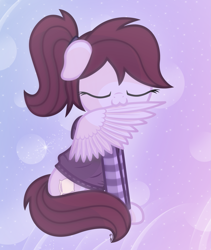 Size: 2093x2479 | Tagged: safe, artist:vito, deleted from derpibooru, imported from derpibooru, oc, oc only, oc:pillow case, pegasus, pony, :3, clothes, cute, eyes closed, floppy ears, hoodie, ponytail, preening