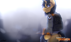 Size: 2500x1500 | Tagged: safe, artist:shilzumi, imported from derpibooru, oc, oc only, pony, unicorn, ar-15, ar15, backpack, commission, glasses, gun, looking back, mk-18, standing, the division, tom clancy's the division, weapon