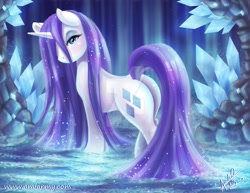 Size: 1024x791 | Tagged: safe, artist:amelie-ami-chan, imported from derpibooru, rarity, butt, female, hair over one eye, looking at you, plot, solo, watermark, wet, wet mane, wet mane rarity