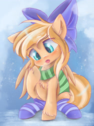 Size: 3600x4800 | Tagged: safe, artist:ardail, imported from derpibooru, oc, oc only, oc:sundaze, bow, clothes, hair bow, scarf, snow, snowfall, socks, solo, striped socks