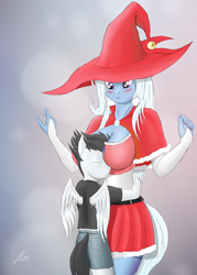 Size: 1197x1669 | Tagged: safe, artist:kasaler, imported from derpibooru, rumble, trixie, anthro, bad touch, blushing, boob smothering, breasts, busty trixie, cleavage, clothes, cosplay, costume, embarrassed, female, hug, molestation, nail polish, smothering