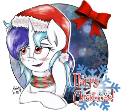 Size: 972x878 | Tagged: safe, artist:kristysk, imported from derpibooru, dj pon-3, vinyl scratch, christmas, clothes, female, hat, santa hat, scarf, solo