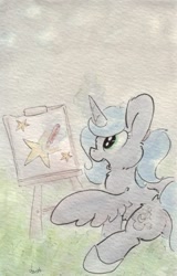 Size: 683x1066 | Tagged: safe, artist:slightlyshade, imported from derpibooru, princess luna, drawing, female, magic, s1 luna, solo, telekinesis, traditional art