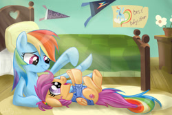 Size: 1200x800 | Tagged: safe, artist:redheadfly, imported from derpibooru, rainbow dash, scootaloo, bed, clothes, cutie mark, foalsitter, scootalove, shirt, the cmc's cutie marks