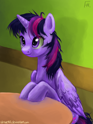 Size: 1500x2000 | Tagged: safe, artist:virtue147, imported from derpibooru, twilight sparkle, alicorn, pony, female, mare, messy mane, sitting, solo, table, twilight sparkle (alicorn)